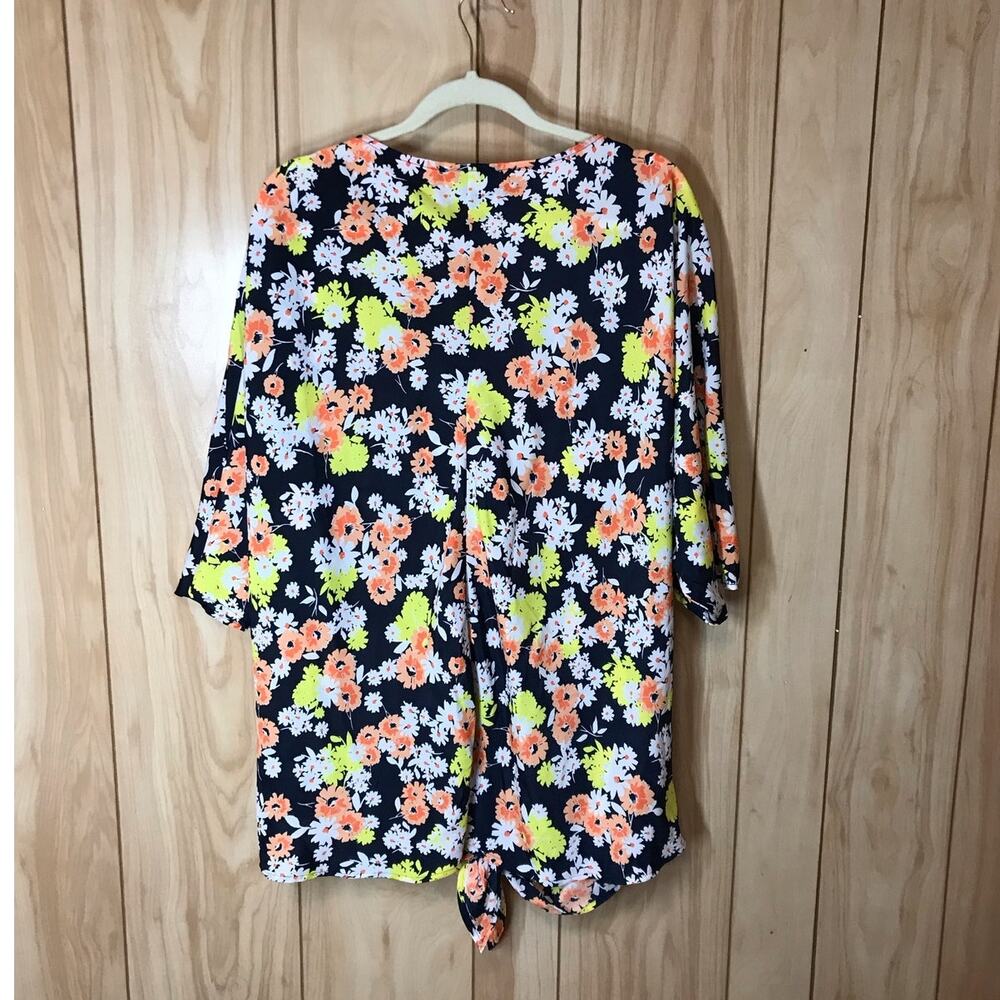 Jones New York Pink & Yellow Daisy Print Round Neck 3/4 Sleeves Top 2X